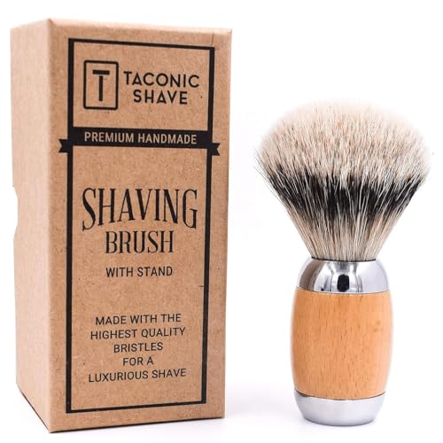 Taconic Shave's Extra Dense 100% 3-Band Silvertip Badger Luxury Shaving Brush ?Deluxe Beechwood and Chrome Handle - Shaving Stand Included