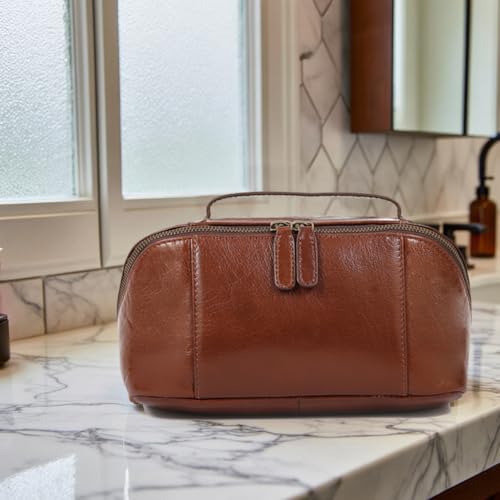 KomalC Luxury Leather Men¡¯s Toiletry Travel Bag ? Handmade Shaving Kit with Waterproof Interior, Spacious Storage & Carry Handle ? leather travel Kit Bag for Men & Women (Wine)