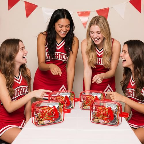 Kacctyen 12 Pcs Cheer Makeup Bag Cheer Gifts Bulk for Team 7 x 5.5 x 1.8 '' Cosmetic Bag with Handle Cheerleader PVC Makeup Case Clear Toiletry Zipper Pouch for Cheerleading Party Supplies, Red