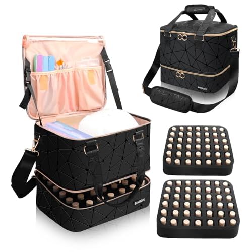 Nail Polish Organizer Bag Holds 84 Bottles (15ml/0.5 fl.oz)& Nail Lamp, PU Leather Nail Supplies Organizer with Holder& Shoulder Strap, Portable Travel Nail Kit Storage Carrying Case (Black)