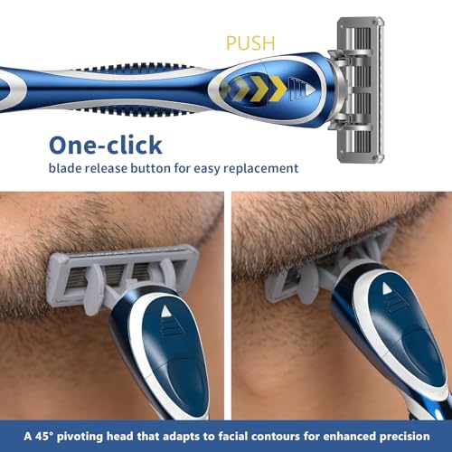 6-Blade Manual Razor for Men with Lubricating Strip, 1 Ergonomic Non-Slip Handle Includes 2pack Razor Blade Refill Cartridges, with Hanging Hook & Cleaning Brush, Full Washable Design