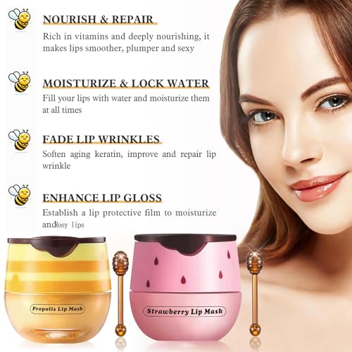 Bee Lip Balm Honey Pot, 4pcs Propolis Lip Mask Overnight Moisturizing Fruity Lip Balm with Stick, Hydrating Prevention Dry and Cracked Lip Scrubs Exfoliator Lip Care