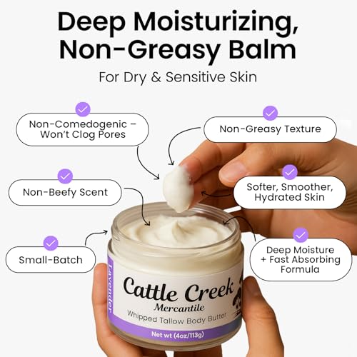 Cattle Creek Whipped Beef Tallow for Skin & Face ? Deeply Moisturizing Tallow Balm ? Natural Grass-Fed Skincare ? Nourishes Dry, Sensitive Skin? Non-Comedogenic, Fast-Absorbing (4oz, Lavender Vanilla)