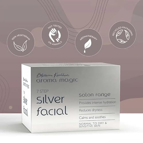 Aroma Magic Silver Facial Kit | 7 Step Facial with Cleanser, Enzyme Gel, Serum, Protein, Sheen Gel & Face Pack | Hydrates & Soothes Dry Skin | Salon-Like Glow at Home | Multi Use Pack