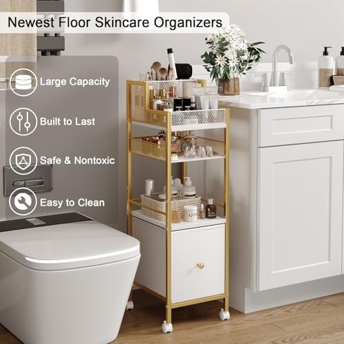 Makeup Organizer Storage Cart with Drawers, Large Floor Makeup Skincare Organizers, Rolling Makeup Cart Vanity Organizer Cosmetics Display Cases Holder for Nail Polish Brush Hair Tool£¨Gold£©