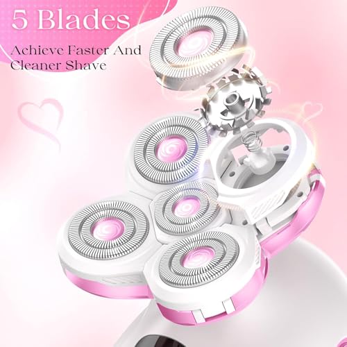 Electric Razors for Women Legs, Rechargeable Rotary Painless Shaver for Legs Bikini Facial Hair Removal, Body Wet/Dry Razor Water Resistant Grooming Kit, Cordless Womens Trimmer for Grooming, Pink