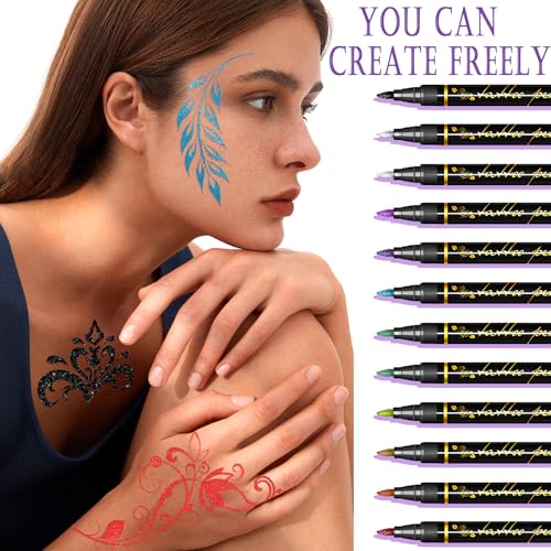 Temporary Tattoo Markers for Kids and Adults, 12 Metallic Markers and 155 Tattoo Stencil Designs, Cosmetic Tattoos Pens for Party Favor Gift and Face Painting