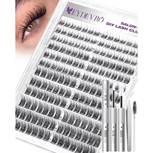 EYDEVRO Natural Lash Clusters Kit Wispy Eyelash Clutsers Kit 10-16mm Cluster Eyelash Extensions D Curl Lash Extension Kit Salon-quality Cluster Lashes at Home Lash Bond and Seal, Tweezers, Brush