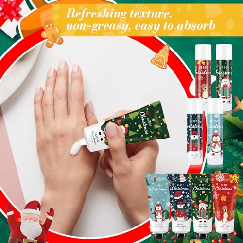 12 Set Christmas Hand Cream Gift Set, Including Moisturizing Hand Lotion, Xmas Lip Balm, Gauze Bags, Thank You Cards Natural Fragrant Bulk Christmas Gifts for Coworkers Employees Stuffers