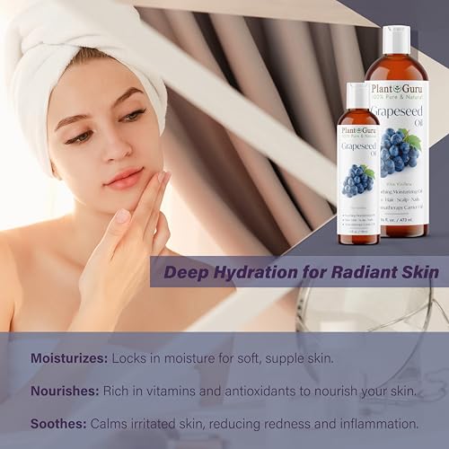 Plant Guru Grapeseed Oil 32 oz. Cold Pressed 100% Pure Natural Carrier For Skin, Body, Face, and Hair Growth Moisturizer. Great For Creams, Lotions, Lip balm and Soap Making.
