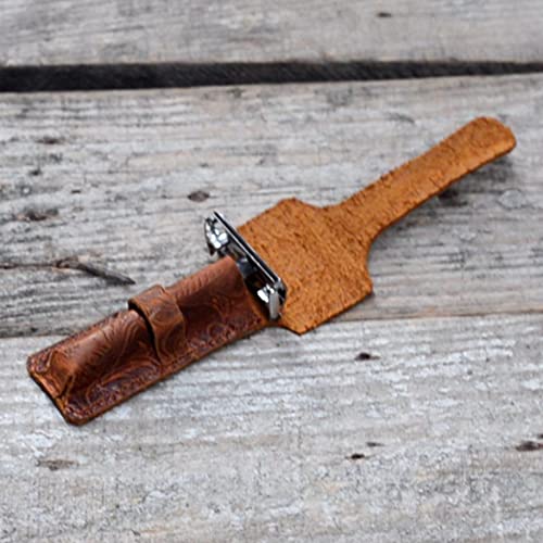 JJNUSA Handmade Sleeve Travel Pouch Leather Safety Razor Case, Double Edge Razor 3.5", Old Fashioned Razor Sleeve Shaving Accessories Men's Shaving Razor Brown