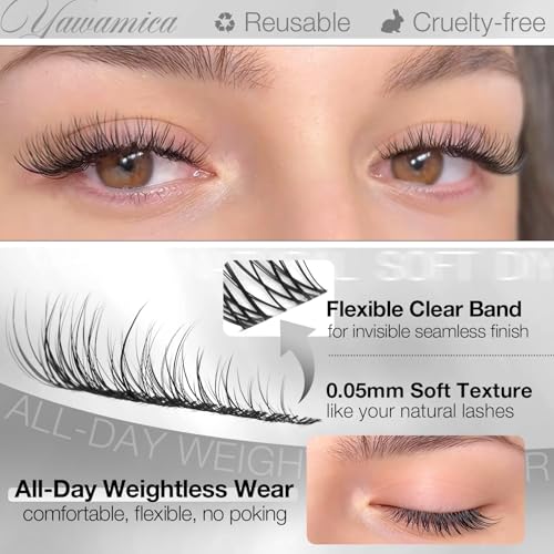 Natural Lash Clusters Velure Eyelash Clusters 8-14mm CC Curl Wispy Cluster Eyelash Extensions Clear Band Individual Lashes Soft Reusable DIY Cluster Lashes Extension for Natural Daily Look by Yawamica