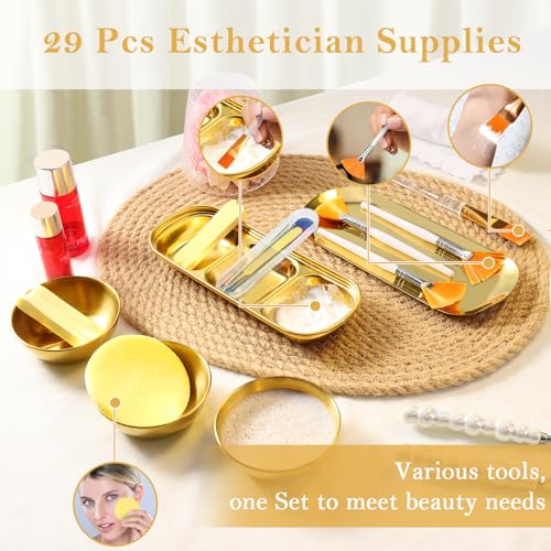 29 Pcs Esthetician Supplies 6 Blackhead Remover Tools 3 Stainless Steel Gold Mixing Bowls 3 Compartment Serving Tray Gold Small Serving Tray 3 Facial Fan Brushes 3 Face Mask Brush 12 Facial Sponges