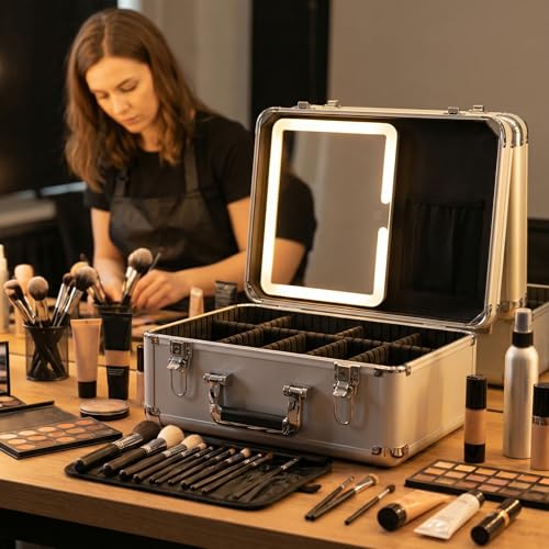 CHENGLIN Makeup Case with Lighted Mirror ? Waterproof Travel Train Case, Cosmetic Organizer with Adjustable Dividers, Magnetic LED Mirror, Portable Makeup Suitcase for Women (Silver)