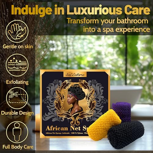 African Net Sponge Authentic,3Pack Loofah Exfoliating Body Scrubber Bath Sponge, Back Scrubber Washcloth for Shower,Gentle Exfoliator and Rich Lather for Women and Men (Black¡¢Yellow¡¢Purple)