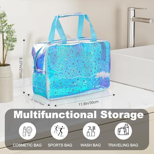 TPU Clear Makeup Bag for Women Waterproof Star Make Up Bag Toiletry Bag Travel Durable Cosmetic Bag Large Cute Tote Bag Organizer Makeup Pouch, Rainbow Blue