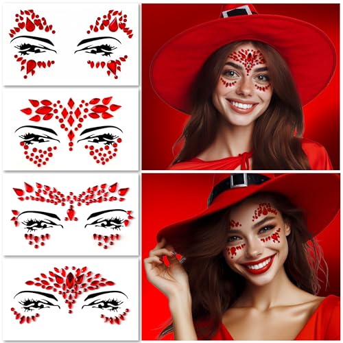 Face Gems - Self-Adhesive Jewels for Festival, Rave Party, Halloween Body Makeup - Glitter Tattoo Sticker, Rhinestone for Eyes, Face, Body (4 PCS RED)