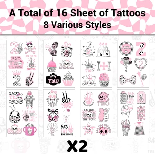 Bad Two the Bone Temporary Tattoos Stickers, Bad Two the Bone Birthday Decoration Girl Supplies Gifts for Girl Rock Music 2 Year Old Birthday Born to Rock Party