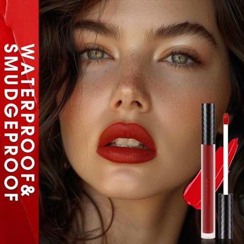 3 Colors Red Matte Liquid Lipstick Set, Burgundy Ruby Red Lip Gloss for Women, Vampy Halloween Makeup, High Impact Long Lasting Lip Stain, Nonstick Cup Smudge Proof & Waterproof Velvet Lip Tint