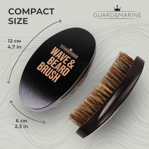 GUARD&MARINE Wave & Beard Brush for Men ? Natural Boar Bristles, Palm Curve Design, Wood Handle ? Shapes 360 Waves & Softens Beard
