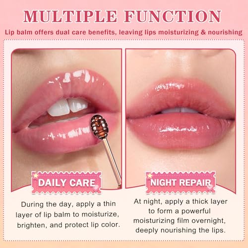AWCCXMYM 4 PCS Bee Lip Balm Honey Pot Hydrating & Preventing Dry Honey Balm Lip Balm Honey, Strawberry, Collagen, Chocolate Moisturizing Lip Sleeping Mask with Sticks