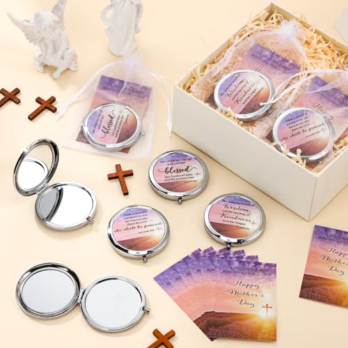 12 Sets Mother's Day Church Gifts Bulk Christian Compact Makeup Mirror Bible Verse Round Pocket Mirror with Gift Cards Organza Bags for Women (3 Style)