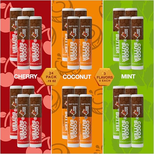 Nature's Bees Cocoa Butter Lip Balm, Lip Care for Dry Lips, Coconut Oil, Beeswax, Vitamin E, Aloe, & Shea Butter, 0.15 oz Each, 3 Flavors Coconut, Cherry, and Mint, 24 Pack - Packaging May Vary
