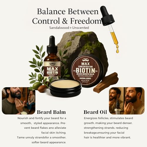 4X Concentration Biotin Beard Kit for Men ? Unscented Oil & Sandalwood Balm Set (2 Pack) ? Moisturizes, Softens & Promotes Growth ? Premium Beard Grooming Gift for Father¡¯s Day or Him
