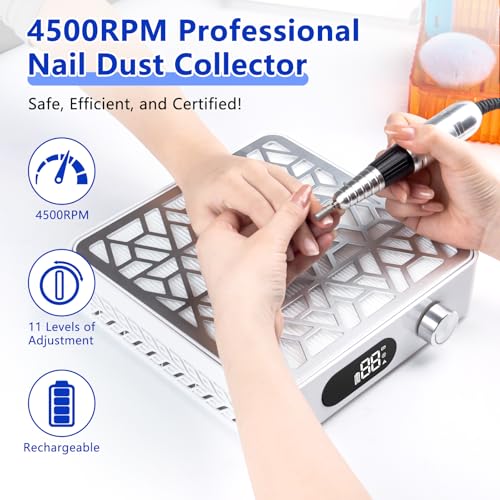 Nail Dust Collector, Powerful Dust Collector Nail Tech with 11-Gear, Professional Cordless Vacuum Nail Fan Dust Collector Extractor Dust Suction Machine for Nail Tech, Nail Salon & Home