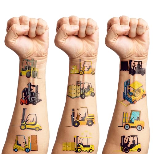 100 PCS Forklift Construction Temporary Tattoos Themed Birthday Party Supplies Decorations Favors Decor Dump Truck Crane Excavator Tattoo Stickers Gifts For Game Boys Girls Classroom School Prizes