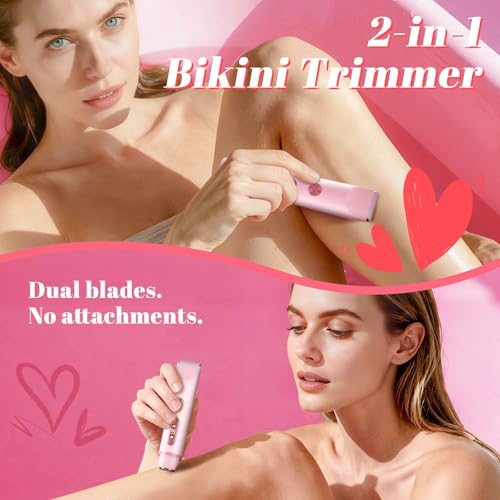 Bikini Trimmer for Women ? Gentle Electric Razor for Sensitive Areas, Waterproof USB-C Rechargeable Shaver for Body & Face, Stocking Stuffers Holiday Gift (Petal Pink with LED)