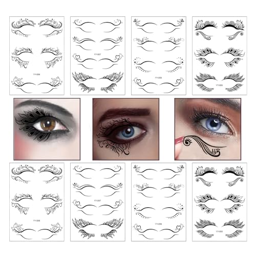 Halloween Eyeliner Stickers, 8 Sheets Makeup Temporary Tattoo Black Eye Shadow Stickers Waterproof Face Eye Art Decor for Masquerade Carnival Cosplay Dancing Ball Party Decals Prank Props
