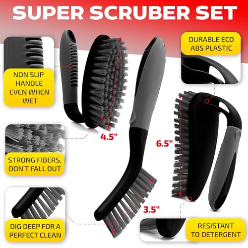 Scrub Brush Set of 6 pcs - Cleaning Shower Scrubbers with Squeegee for Shower Glass and Adhesive Wall Hooks Including Grout Cleaner Brush, Scrub Brushes for Cleaning Bathroom, Shower, Tile, Bathtub