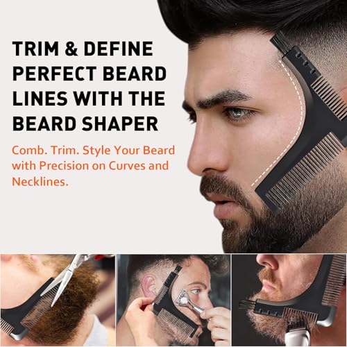 DUAIU 8Pcs Beard Brush and Comb for Men, Boar Bristle Brush and Dual Action Comb - Beard Shaper, Straight Shaving Razor with 10 Blades, Cape, Scissors Styling Cutting Tools with Bag