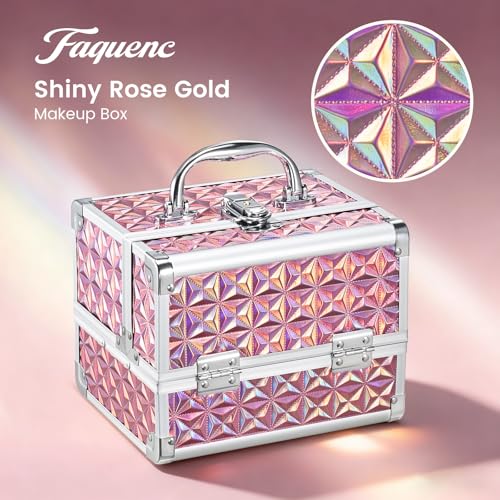 Makeup Case with Lighted Mirror Travel Makeup Organizer Box Portable Lockable 2 Trays Cosmetic Train Case with LED Mirror for Girls Make up Nail Kits Sewing Vanity Storage Case, Shiny Pink
