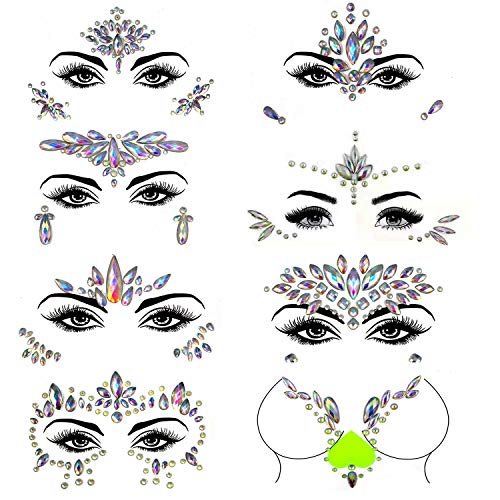 8Sets Glow in the Dark Face Gems Jewels Rave Noctilucent blacklight UV Body Stickers Luminous tattoos mermaid accessories pasties makeup for Women Halloween Festival