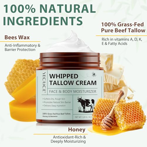 Beef Tallow for Skin, Organic Grass Fed Beef Tallow and Raw Wild Honey, Natural Whipped Tallow Balm for Face & Body Deeply Moisturizing, Body Lotion for Sensitive Skin Care, 4.2 oz