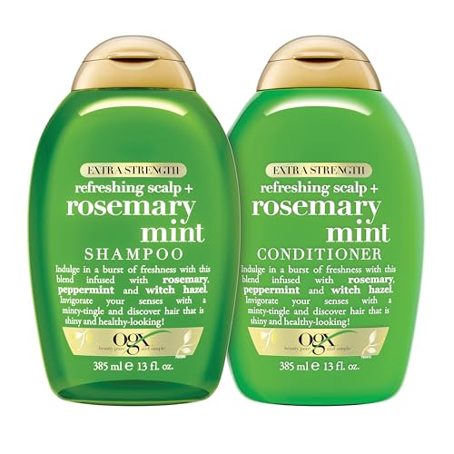 OGX Bundle: Extra Strength Refreshing Scalp + Rosemary Mint Shampoo & Conditioner, 13 fl. oz each. Clarifies by removing oil & buildup. Infused with rosemary mint for shine. Sulfate-free surfactants.