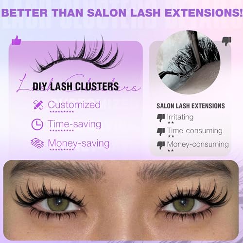 EYDEVRO Manga Lash Clusters Kit with Bottom Lashes Wispy Eyelash Clusters Kit 10-16mm Natural Fairy Cluster Lashes with Bottom Lash Clusters DIY Lash Extension Kit Clear Band Individual Lashes
