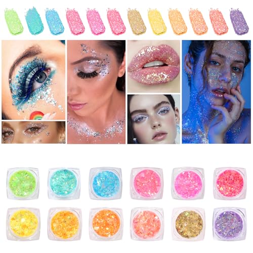 Glow in The Dark Face & Body Glitter Gel ? 12 Colors Chunky Holographic Glitter for Hair, Body, Festival, Party, Rave Makeup, Washable Cosmetic Glitter for Women, Teens, Kids, Halloween