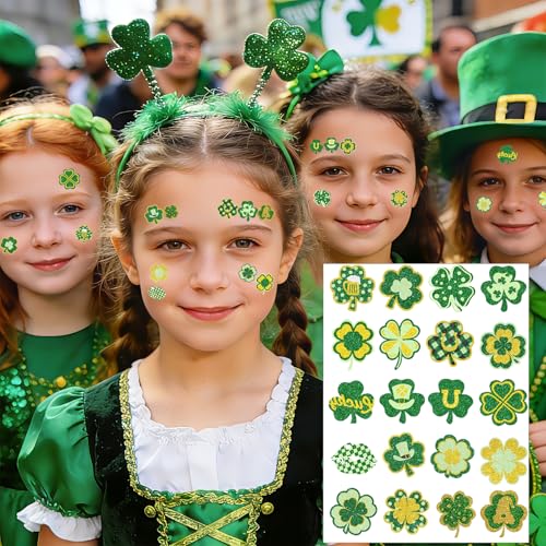 88Pcs St Patricks Day Temporary Tattoos Adult Shamrock Face Stickers Woman Irish Temporary Tattoo Stickers for Body St Pattys Accessories Irish Party Decor(clover88)