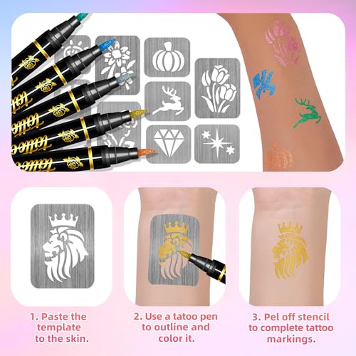 Temporary Tattoo Markers for Skin, 10 Body Markers+70 Tattoo Stencils,Safe Non-Toxic Water-Based Ink, Soft Brush Nib,Temporary Art Drawing, Washable Markers for Face & Body Art, Party Favor
