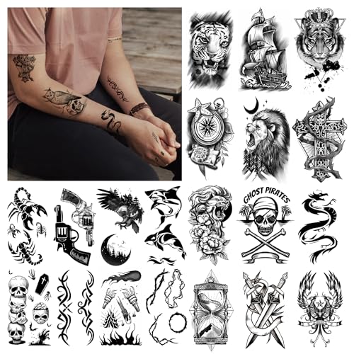 Cerlaza 112 Sheets Temporary Tattoos for Adult Men, Fake Tattoos for Neck Arm Finger, Tatuajes Temporales Tiger Wolf Lion Dragon Halloween Tattoo Stickers