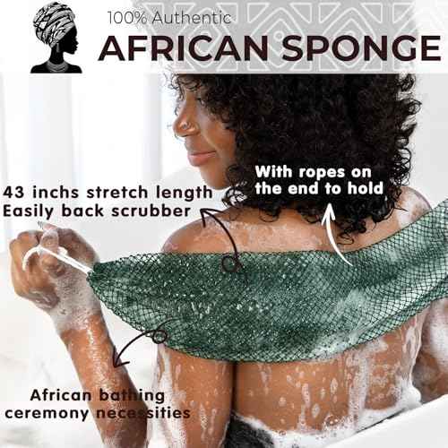 African Exfoliating Net Sponge Authentic - Real African Bath Sponge with Knots and Ropes - Back Scrubber Exfoliator Washer Cloth with Travel Bag - Body Shower Skin Care Essentials for Daily Use