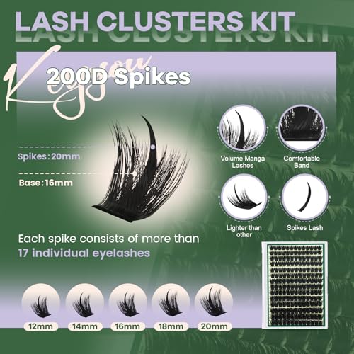 KEYYOU Manga Lash Clusters Kit StarrlNight 200D Wet Lash Look Anime Lash Clusters with Clusters Lash Glue 12-20mm Wispy Fairy Fluffy Individual Lashes Kit for Cosplay Daily Makeup DIY at Home