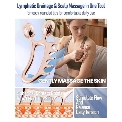 Gua Sha Facial Tools, 3-in-1 Gua Sha & Roller & Comb Set, Upgraded No-Slip Textured Guasha, Metal Lymphatic Drainage Massager for Skin Tightening & Face Sculpting, Skincare Gift for Women (Rose Gold)