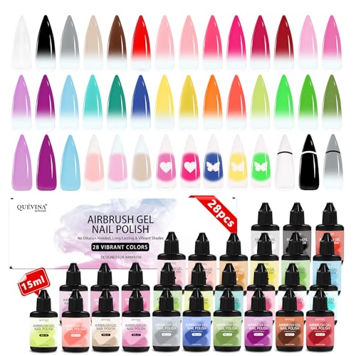 QUEVINA 28 Hot Colors Airbrush Gel Nail Polish Set ? Safe, Odorless Formula for Stunning Nail Art ? No Dilution Needed, Long-Lasting & Vibrant Shades 28X15ml