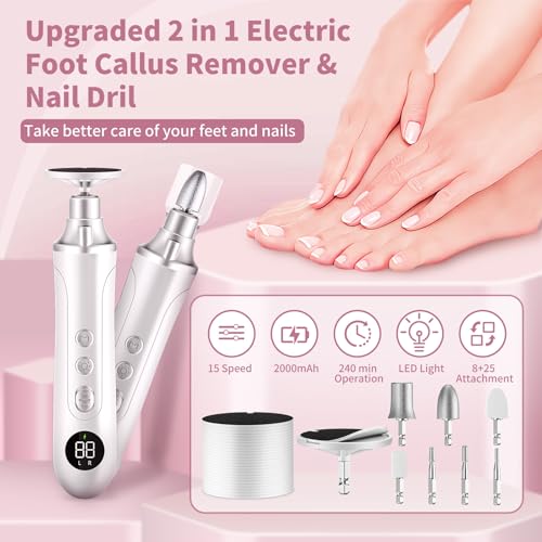 Electric Nail Drill Kit, Cordless Manicure Pedicure Kit with Memory Modes, 15 Speed Portable Nail Drill Machine, Callus Remover with 25Pcs Sandpaper Discs,Hand Foot Care Tool for Thick Nail Toenail