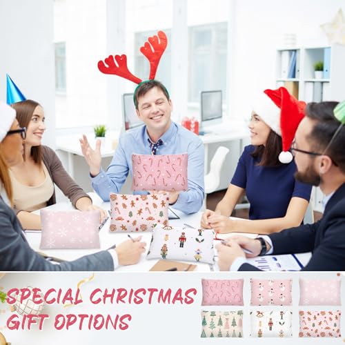 12 Pcs Christmas Makeup Bags Christmas Canvas Cosmetic Bags Bulk 9 x 6 Inches Pencil Pouch with Zipper Travel Toiletry Pouch for Women Winter Holiday Xmas Party Favor Gift(Cute Pink)
