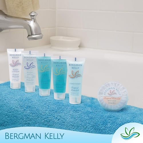 BERGMAN KELLY - Hotel Soap Bars in Bulk - Tropical Waterfall, 0.5 oz, 100 PK - Small Individually Wrapped Round Soap - Travel Size Mini Toiletries for Airbnb, Motel, Guest Bathroom
